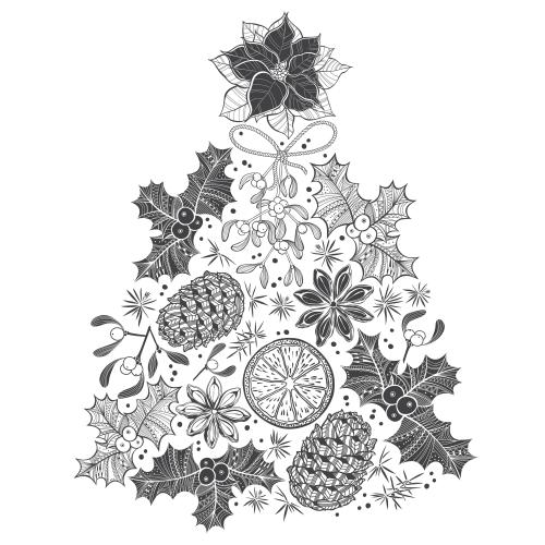 stylized christmas tree from christmas plants cones and spices on white